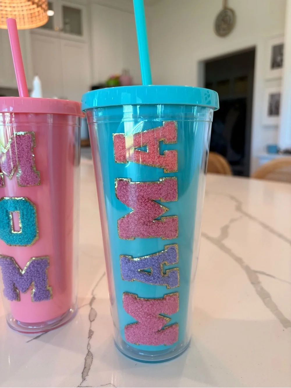 Personalized MAMA or MOM Double-Wall Tumbler with Straw - Blue and Pink